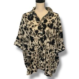 Annie Wear Black Tan Leopard Print Blouse L/XL NWT